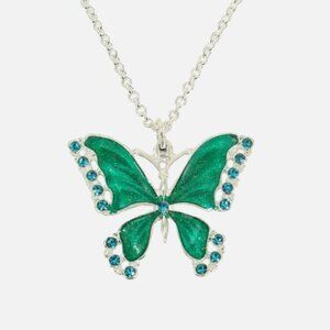 Large green butterfly pendant necklace in shiny enamel and blue crystals